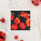 黒い背景に赤いケシのイラストレーション スタンダードカクテルナプキン (インサイチュ)