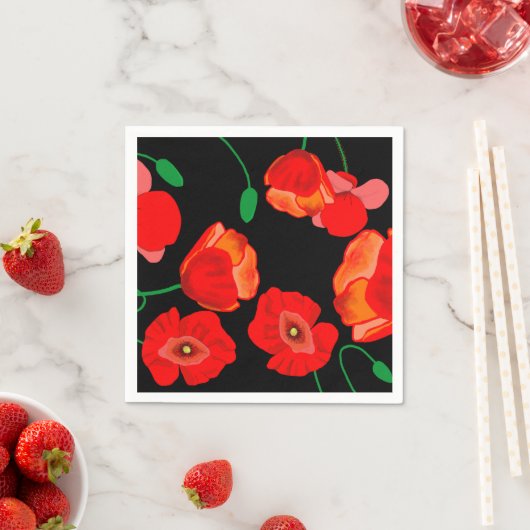 黒い背景に赤いケシのイラストレーション スタンダードカクテルナプキン (インサイチュ)