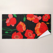 黒い背景に赤いケシのイラストレーション バスタオル (バスタオル)