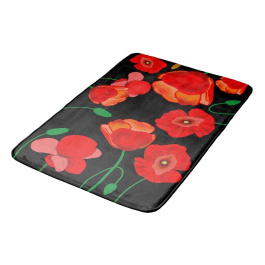 黒い背景に赤いケシのイラストレーション バスマット (アングル)