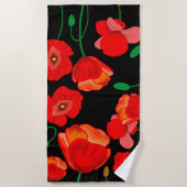 黒い背景に赤いケシのイラストレーション ビーチタオル (正面)