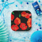 黒い背景に赤いケシのイラストレーション ペーパープレート (パーティー)