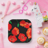 黒い背景に赤いケシのイラストレーション ペーパープレート (パーティー)