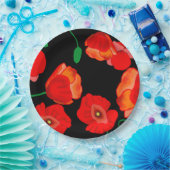 黒い背景に赤いケシのイラストレーション ペーパープレート (パーティー)