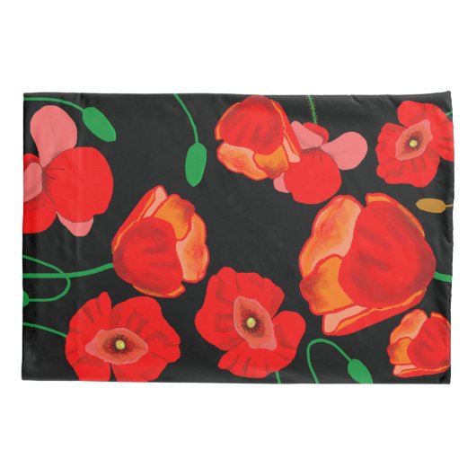 黒い背景に赤いケシのイラストレーション 枕カバー (裏面)