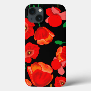 黒い背景に赤いケシのイラストレーション iPhone 13ケース