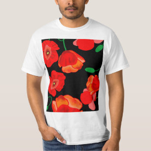 黒い背景に赤いケシのイラストレーション Tシャツ