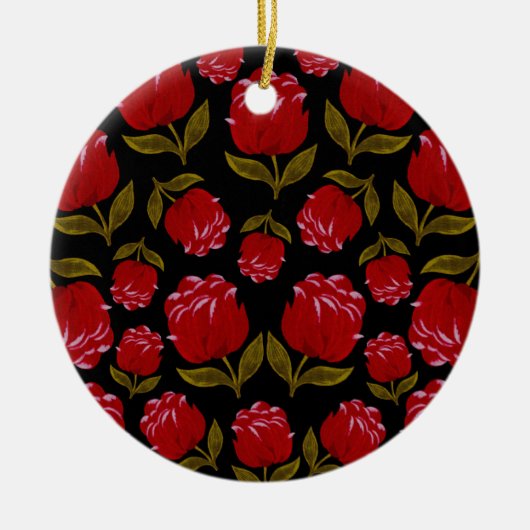 黒い背景に赤いバラのシームレスなパターン セラミックオーナメント (正面)