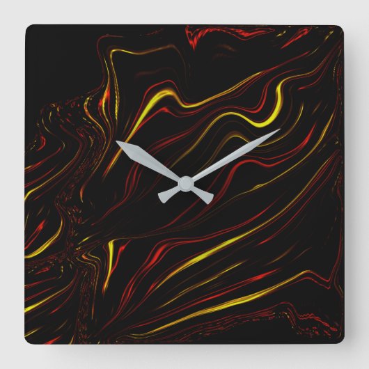 黒い背景に赤い波状金ゴールドの長いストローク スクエア壁時計 (正面)