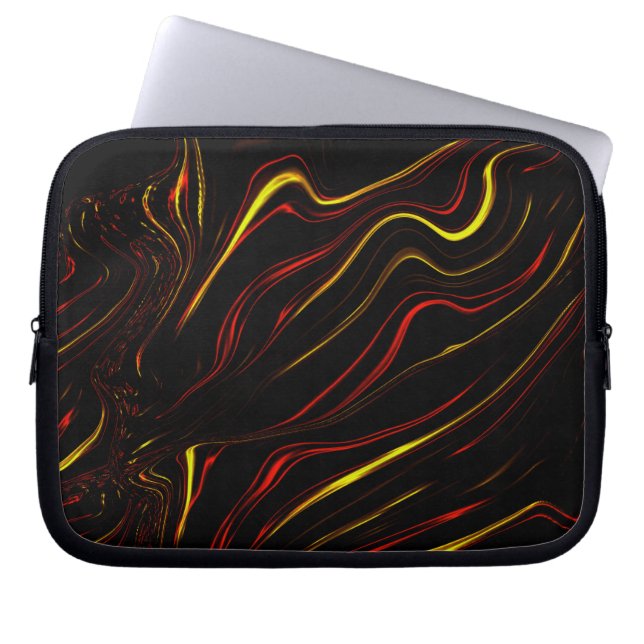 黒い背景に赤い波状金ゴールドの長いストローク ラップトップスリーブ (正面)