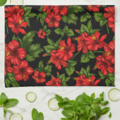 黒い背景に赤い花 キッチンタオル (折り畳み)