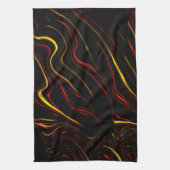 黒い背景に赤い金ゴールドの長い波状トレース キッチンタオル (縦)