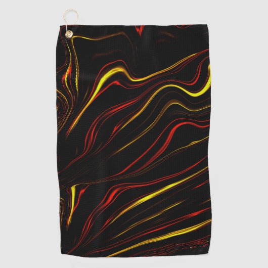 黒い背景に赤い金ゴールドの長い波状トレース ゴルフタオル (正面)