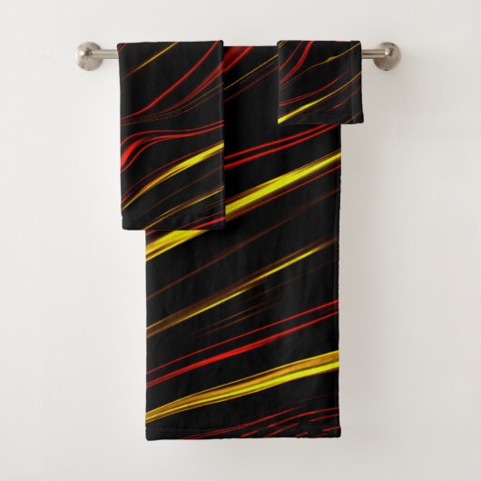 黒い背景に赤い金ゴールドの長い波状トレース バスタオルセット (インサイチュ)