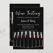 黒い背景に赤ワインを満たしたワイングラスの列 招待状 (正面/裏面)