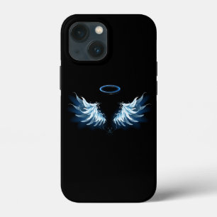 黒い背景に輝く青い天使の翼 iPhone 13 MINIケース