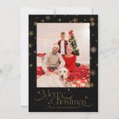 黒い背景に金の雪の結晶のクリスマス写真 シーズンカード (正面)