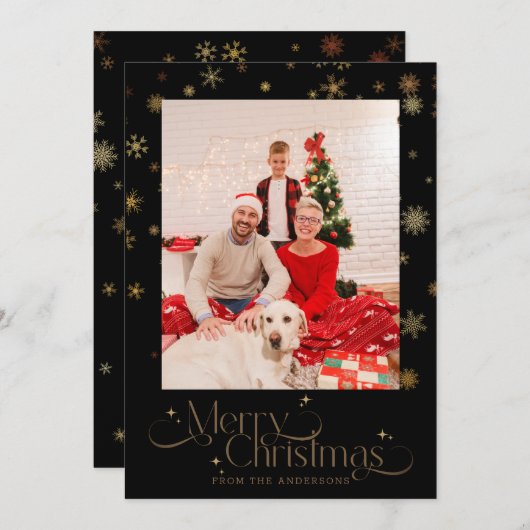 黒い背景に金の雪の結晶のクリスマス写真 シーズンカード (正面/裏面)