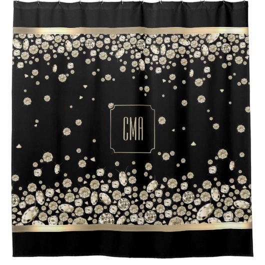 黒い背景に金色のダイヤモンドの宝石 シャワーカーテン (正面)