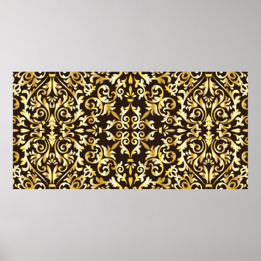 黒い背景に金色のバロック様式のシームレスなパターン ポスター (正面)