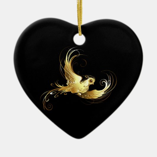 黒い背景に金色の鳥 セラミックオーナメント (正面)