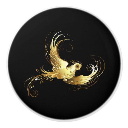 黒い背景に金色の鳥 セラミックノブ (正面)