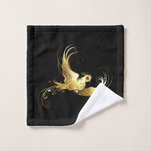 黒い背景に金色の鳥 バスタオルセット (ウォッシュタオル)