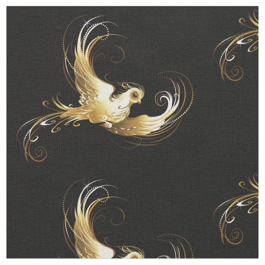黒い背景に金色の鳥 ファブリック (クローズアップ)
