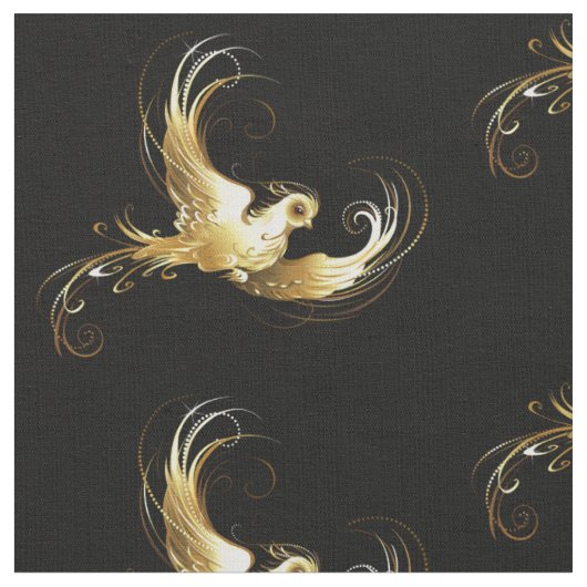 黒い背景に金色の鳥 ファブリック (クローズアップ)