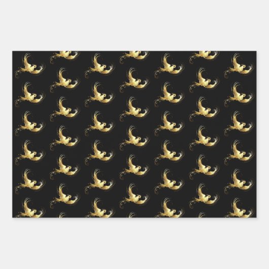 黒い背景に金色の鳥 ラッピングペーパーシート (正面)