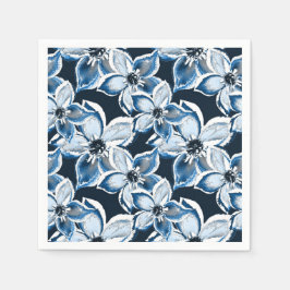 黒い背景に青い白い花。 スタンダードカクテルナプキン