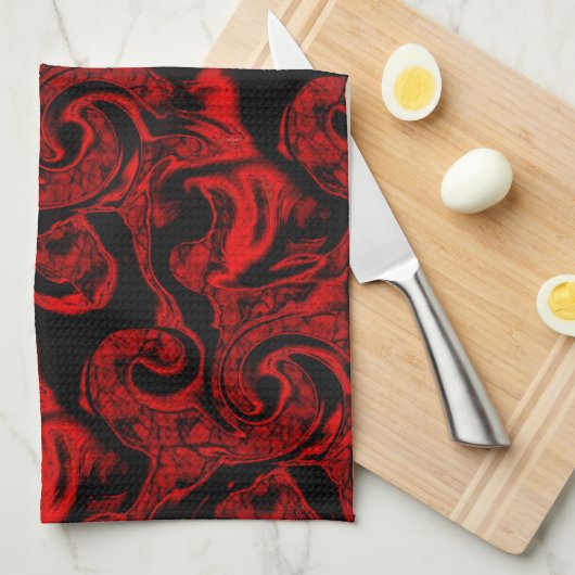 黒い背景に非常に汚れた赤い螺旋状パーツ キッチンタオル (四つ折り)