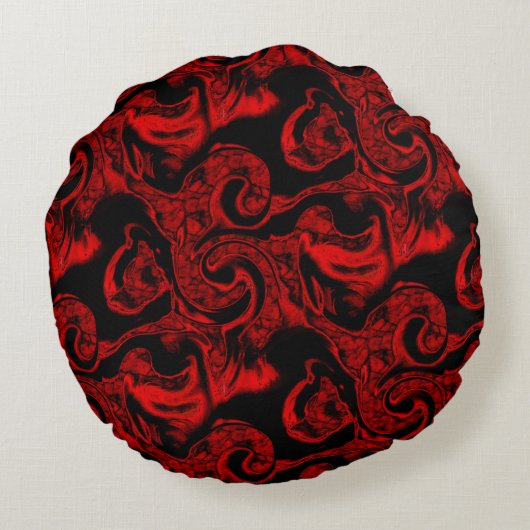 黒い背景に非常に汚れた赤い螺旋状パーツ ラウンドクッション (裏面)