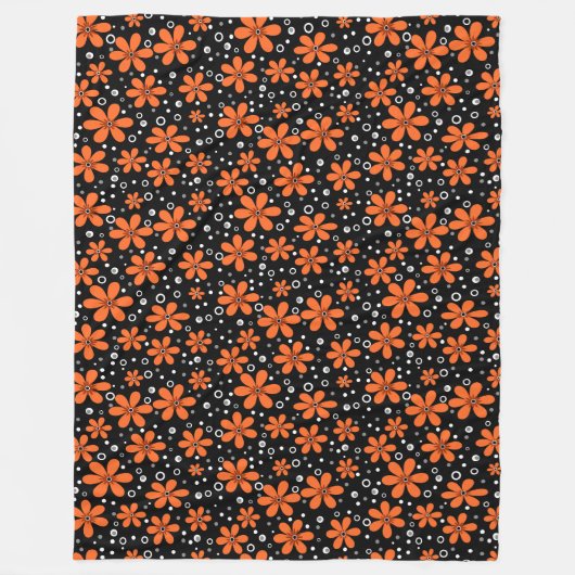 黒い背景に鮮やかなオレンジ色の花とw フリースブランケット (正面)