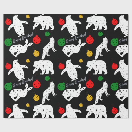 黒い背景のかわいい動物そしてオーナメント ラッピングペーパー (フラット)