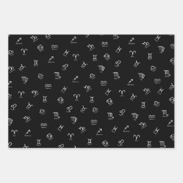 黒い背景のすべての白い〔占星術の〕十二宮図シンボルや象徴 ラッピングペーパーシート