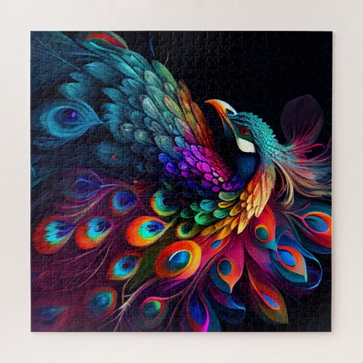 黒い背景のアートワークの美しい孔雀 ジグソーパズル (横)