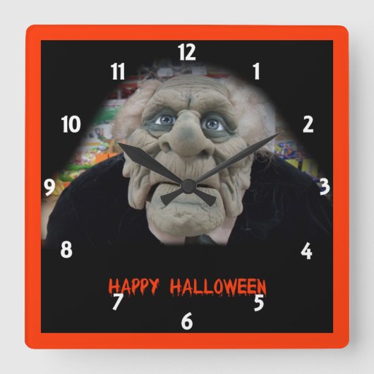 黒い背景のオールドマンマスク スクエア壁時計 (正面)