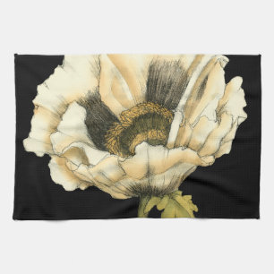 黒い背景のクリーム色のケシの花 キッチンタオル