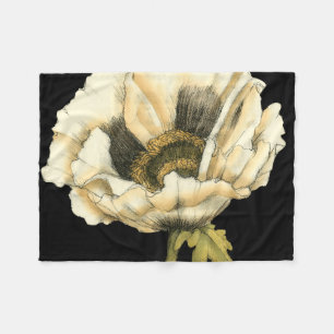 黒い背景のクリーム色のケシの花 フリースブランケット
