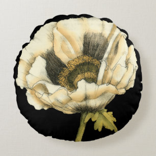 黒い背景のクリーム色のケシの花 ラウンドクッション
