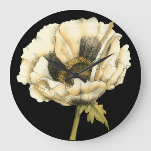 黒い背景のクリーム色のケシの花 ラージ壁時計