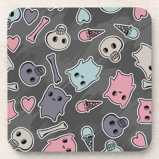 黒い背景のスカルおよびハート コースター (正面)