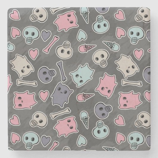 黒い背景のスカルおよびハート ストーンコースター (正面)