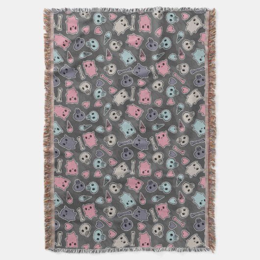 黒い背景のスカルおよびハート スローブランケット (正面縦)