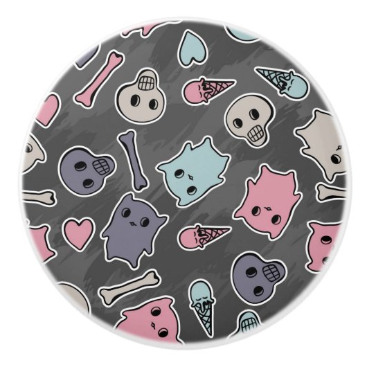 黒い背景のスカルおよびハート セラミックノブ (正面)