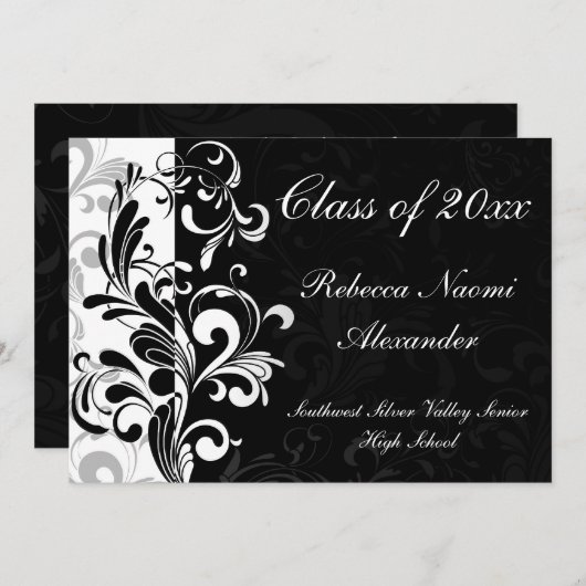 黒い背景のスクロールの卒業発表 招待状 (正面/裏面)
