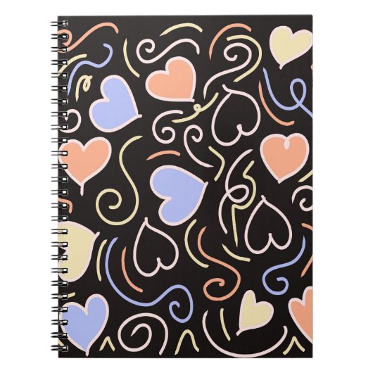 黒い背景のハートに明るい色のメモ ノートブック (正面)