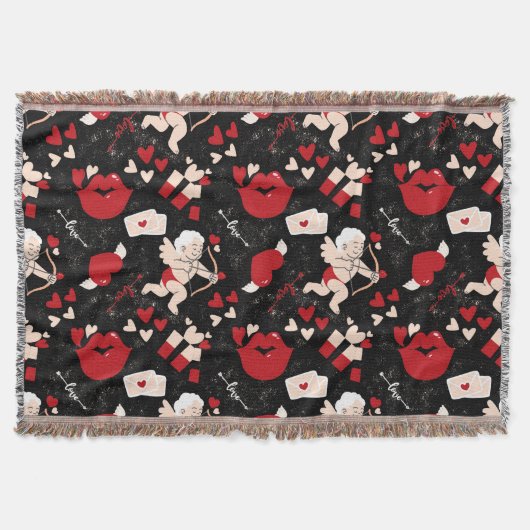 黒い背景のバレンタインの日のパターン スローブランケット (正面)