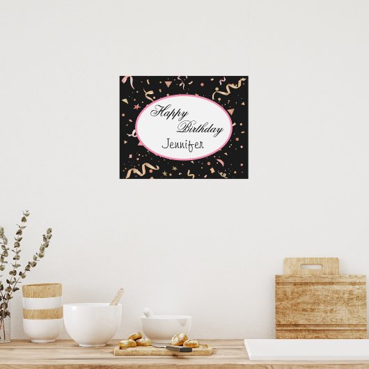 黒い背景のピンクと金ゴールドのグリッター紙吹雪 ポスター (キッチン)